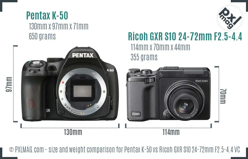 Pentax K-50 vs Ricoh GXR S10 24-72mm F2.5-4.4 VC size comparison