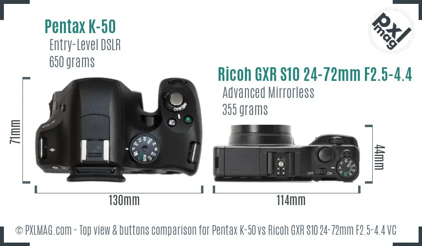 Pentax K-50 vs Ricoh GXR S10 24-72mm F2.5-4.4 VC top view buttons comparison