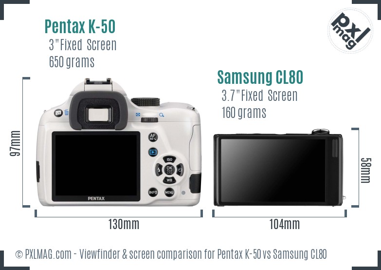 Pentax K-50 vs Samsung CL80 Screen and Viewfinder comparison
