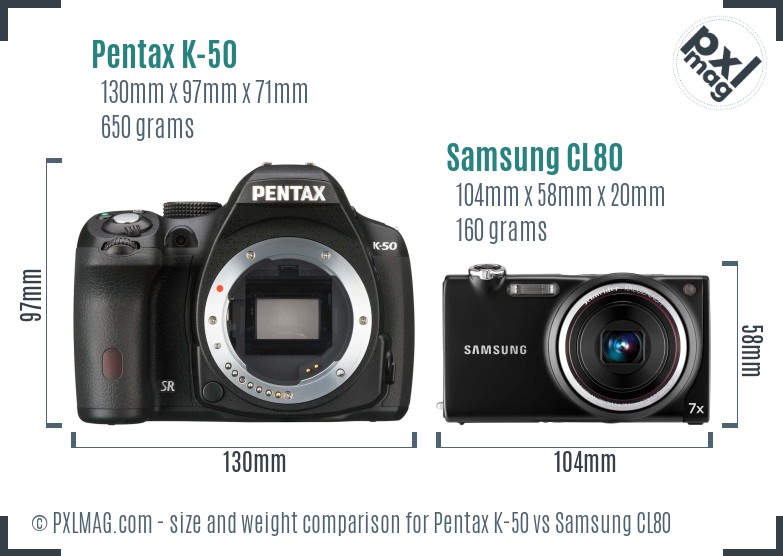 Pentax K-50 vs Samsung CL80 size comparison Pentax K-50 vs Samsung CL80 size comparison