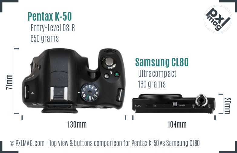 Pentax K-50 vs Samsung CL80 top view buttons comparison