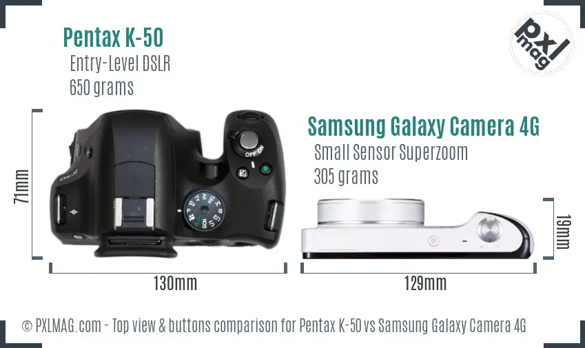 Pentax K-50 vs Samsung Galaxy Camera 4G top view buttons comparison