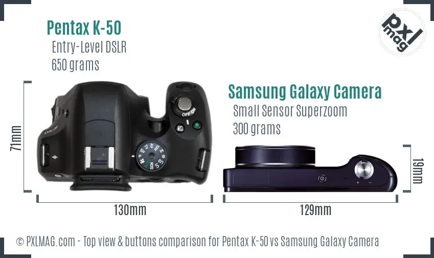 Pentax K-50 vs Samsung Galaxy Camera top view buttons comparison Pentax K-50 vs Samsung Galaxy Camera top view buttons comparison