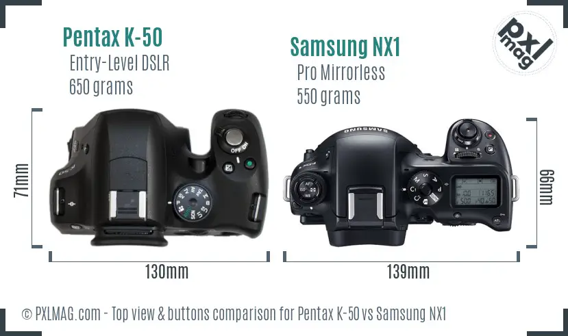 Pentax K-50 vs Samsung NX1 top view buttons comparison
