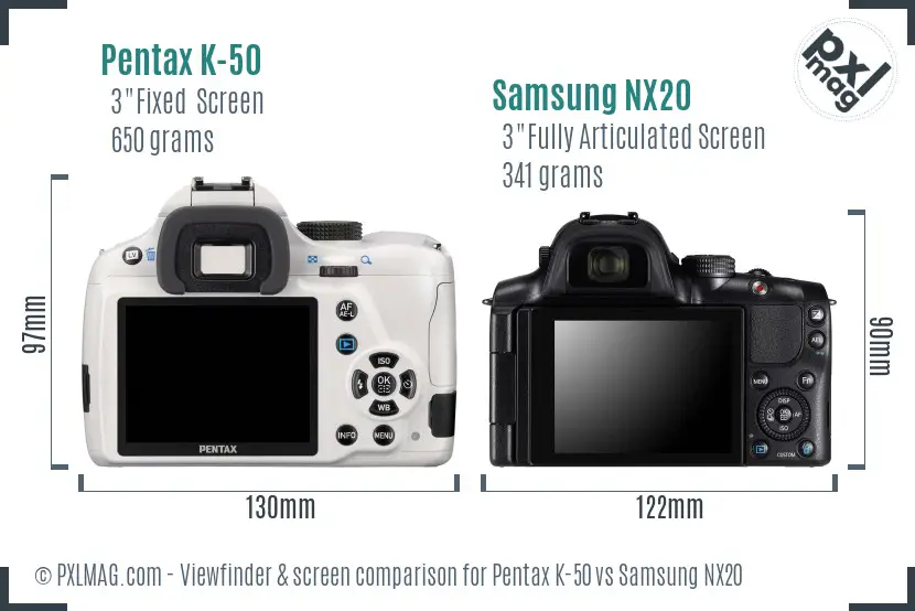 Pentax K-50 vs Samsung NX20 Screen and Viewfinder comparison