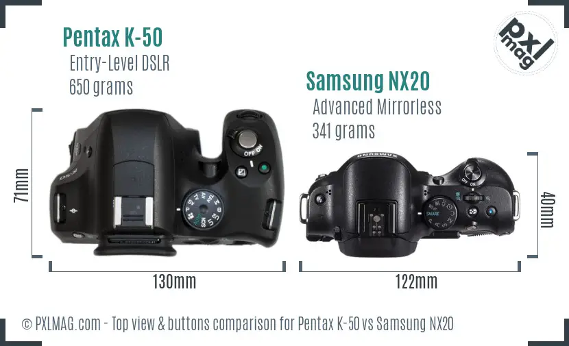 Pentax K-50 vs Samsung NX20 top view buttons comparison
