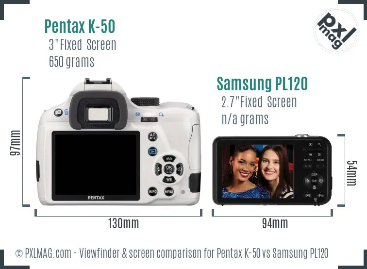 Pentax K-50 vs Samsung PL120 Screen and Viewfinder comparison