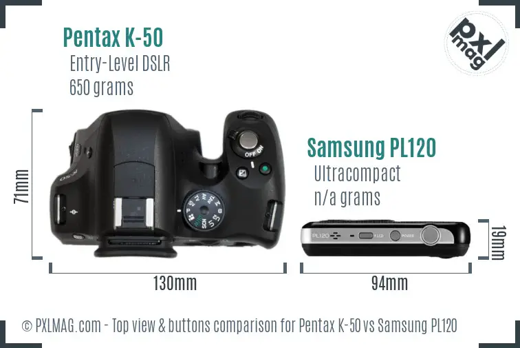 Pentax K-50 vs Samsung PL120 top view buttons comparison