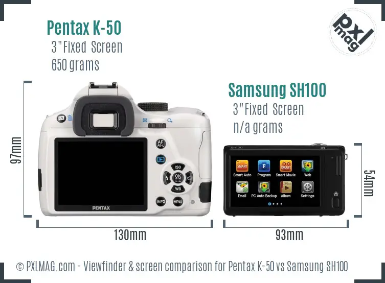 Pentax K-50 vs Samsung SH100 Screen and Viewfinder comparison