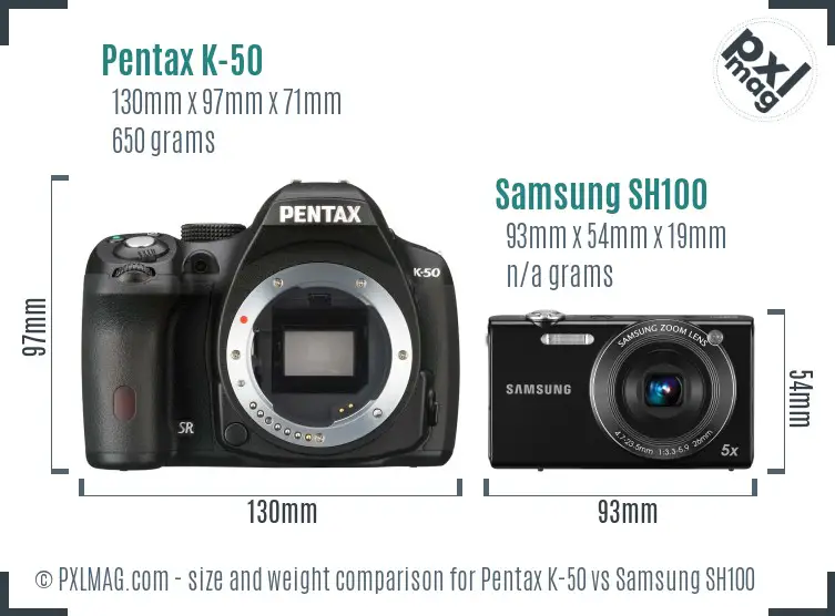 Pentax K-50 vs Samsung SH100 size comparison