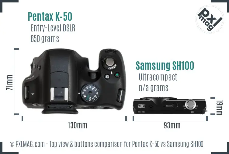 Pentax K-50 vs Samsung SH100 top view buttons comparison