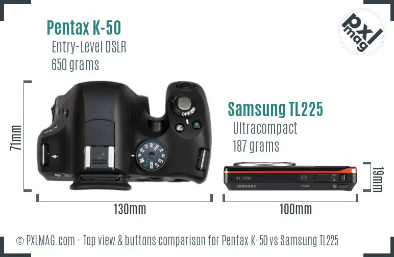 Pentax K-50 vs Samsung TL225 top view buttons comparison