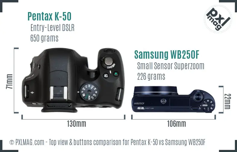 Pentax K-50 vs Samsung WB250F top view buttons comparison