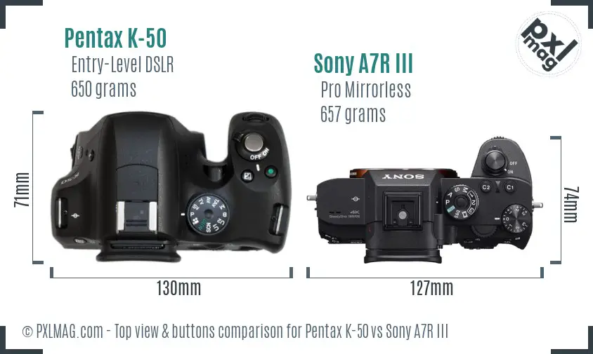 Pentax K-50 vs Sony A7R III top view buttons comparison Pentax K-50 vs Sony A7R III top view buttons comparison