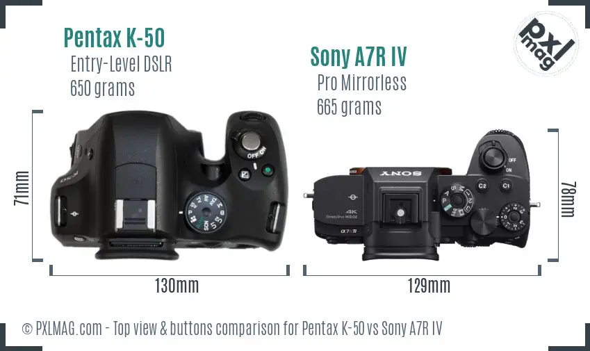 Pentax K-50 vs Sony A7R IV top view buttons comparison