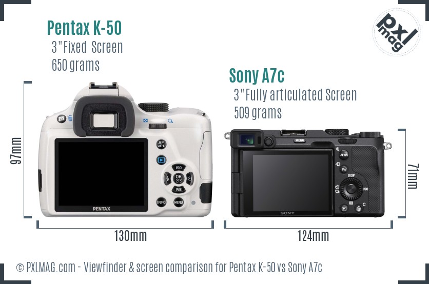 Pentax K-50 vs Sony A7c Screen and Viewfinder comparison