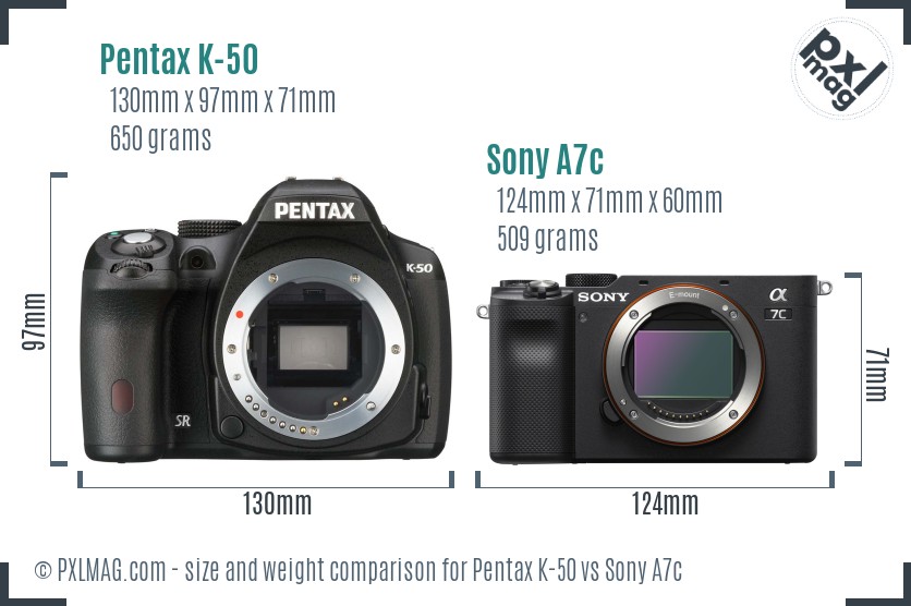 Pentax K-50 vs Sony A7c size comparison