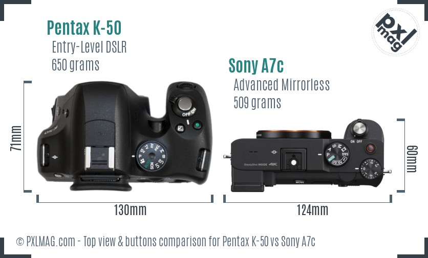 Pentax K-50 vs Sony A7c top view buttons comparison