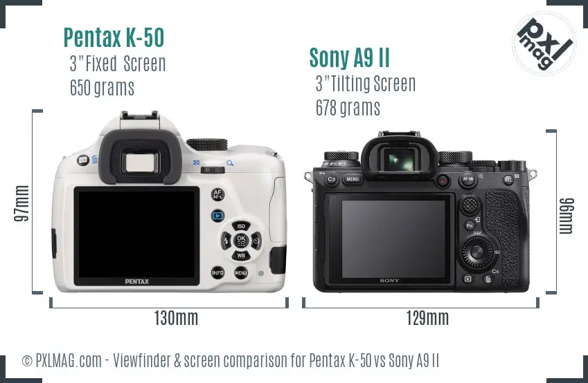 Pentax K-50 vs Sony A9 II Screen and Viewfinder comparison