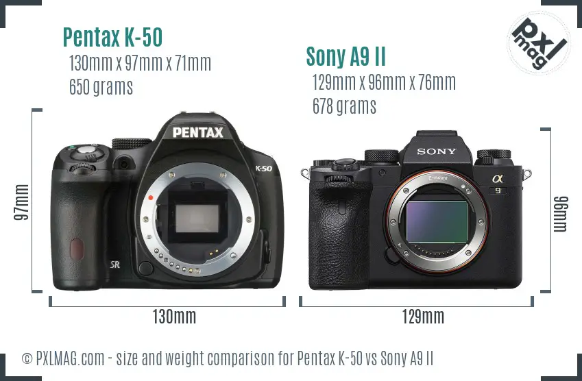 Pentax K-50 vs Sony A9 II size comparison
