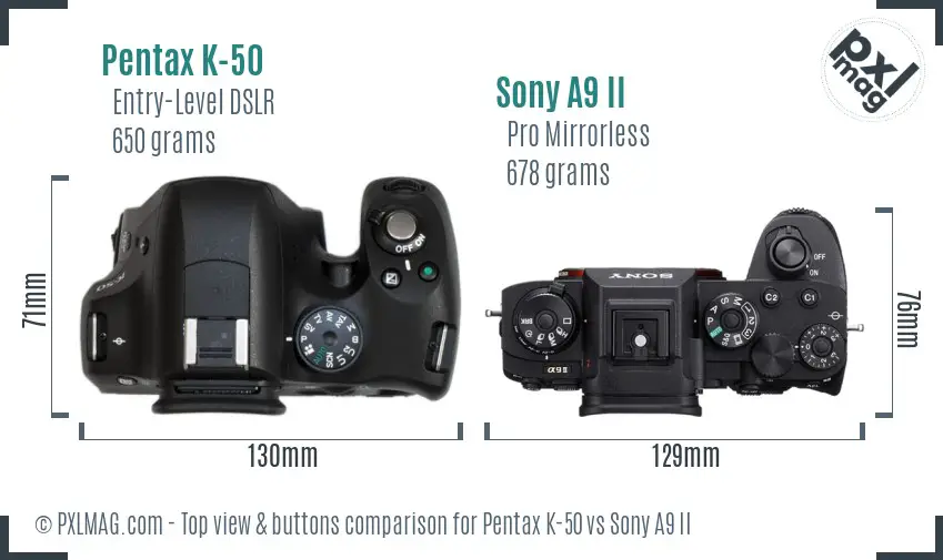 Pentax K-50 vs Sony A9 II top view buttons comparison