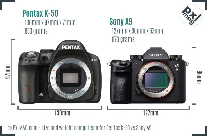 Pentax K-50 vs Sony A9 size comparison