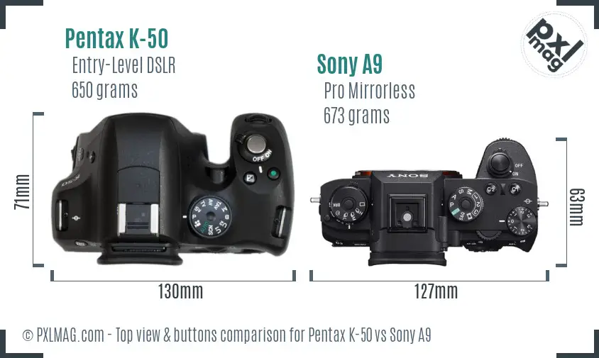 Pentax K-50 vs Sony A9 top view buttons comparison