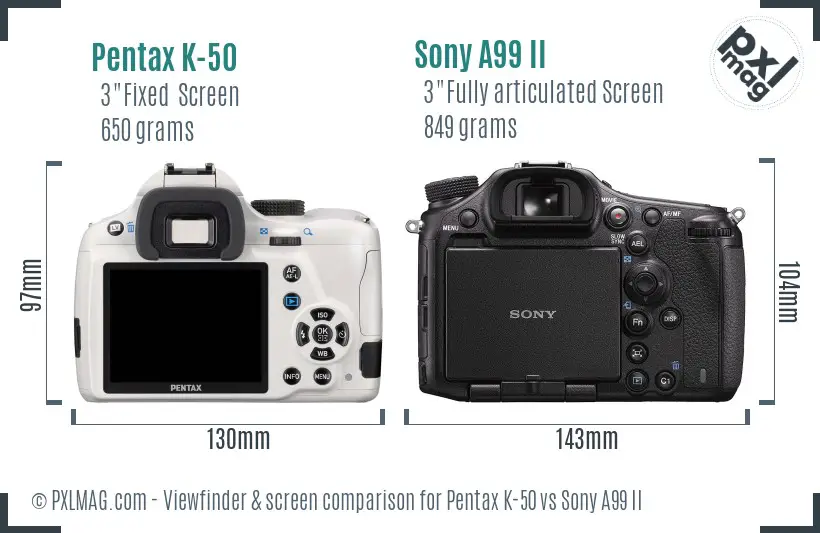 Pentax K-50 vs Sony A99 II Screen and Viewfinder comparison