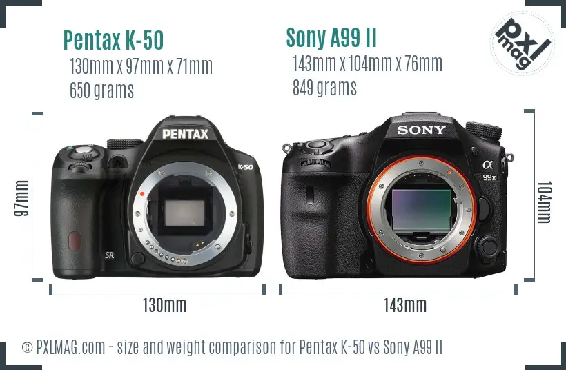 Pentax K-50 vs Sony A99 II size comparison