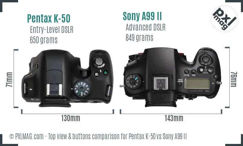 Pentax K-50 vs Sony A99 II top view buttons comparison