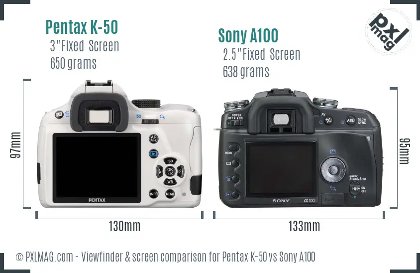 Pentax K-50 vs Sony A100 Screen and Viewfinder comparison