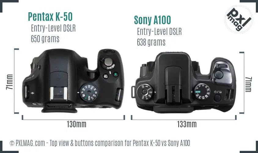 Pentax K-50 vs Sony A100 top view buttons comparison