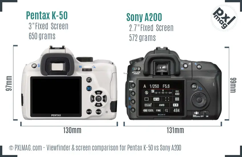 Pentax K-50 vs Sony A200 Screen and Viewfinder comparison