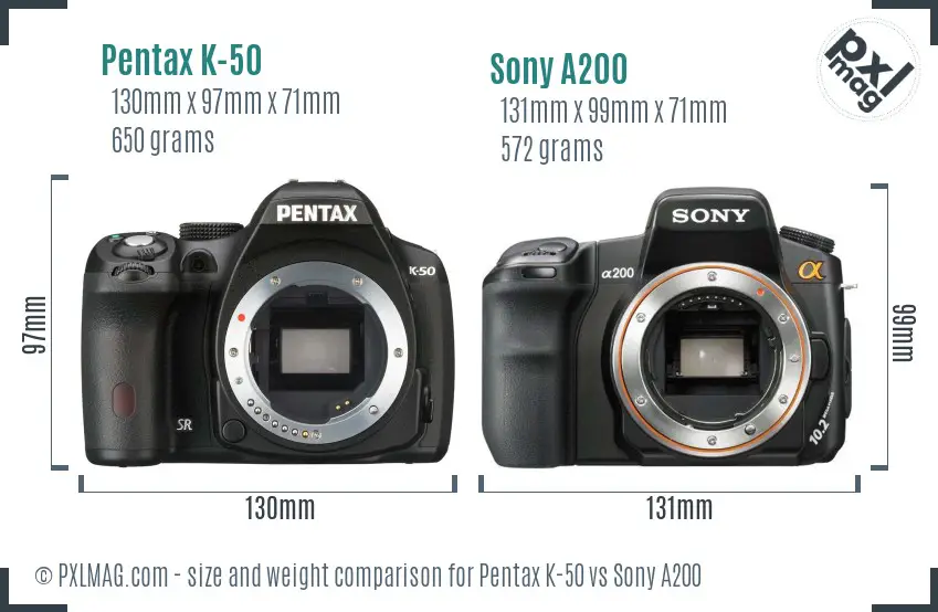 Pentax K-50 vs Sony A200 size comparison