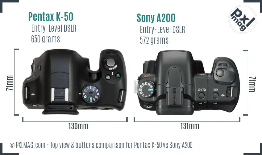 Pentax K-50 vs Sony A200 top view buttons comparison