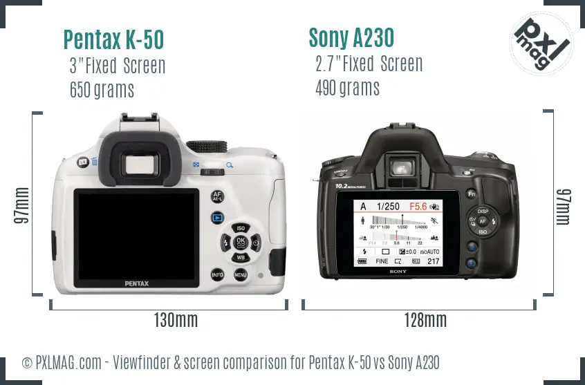 Pentax K-50 vs Sony A230 Screen and Viewfinder comparison