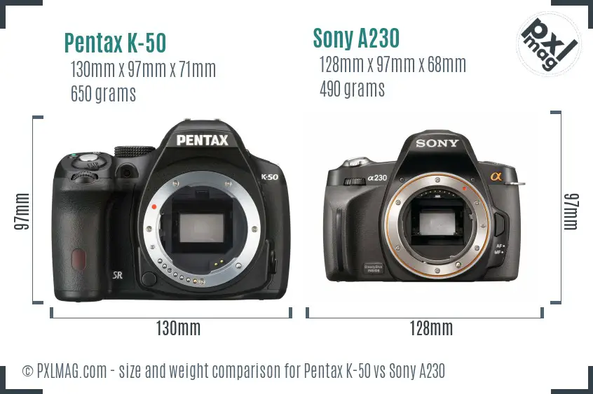 Pentax K-50 vs Sony A230 size comparison