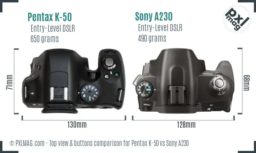 Pentax K-50 vs Sony A230 top view buttons comparison