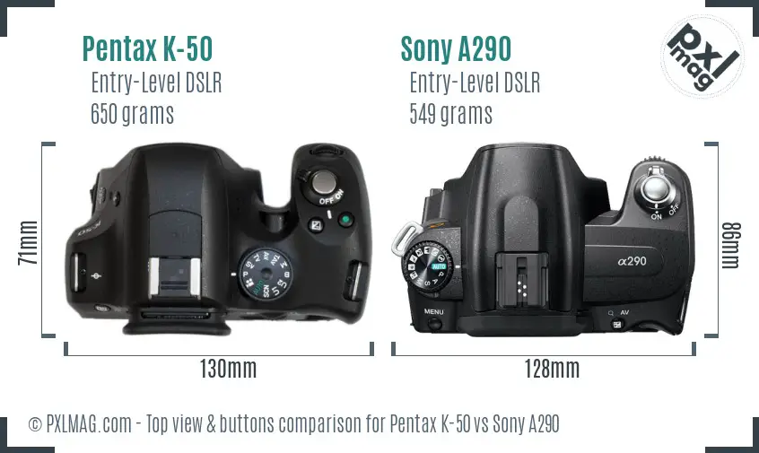 Pentax K-50 vs Sony A290 top view buttons comparison