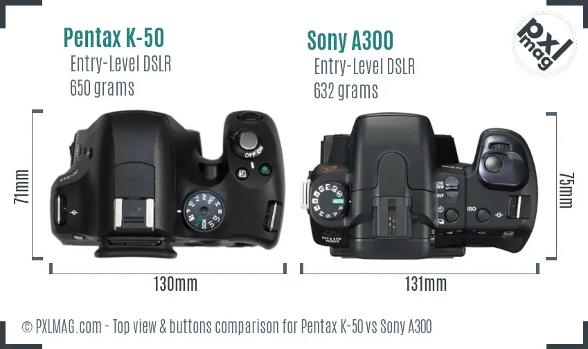 Pentax K-50 vs Sony A300 top view buttons comparison