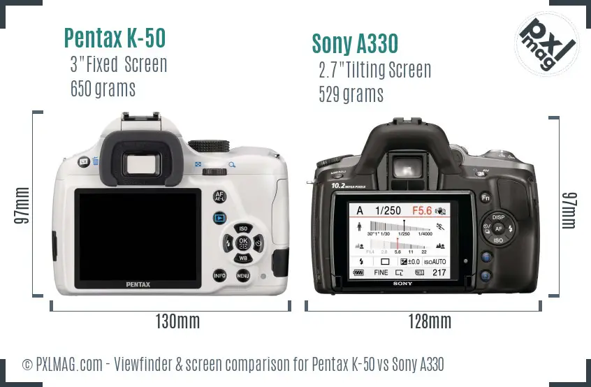 Pentax K-50 vs Sony A330 Screen and Viewfinder comparison