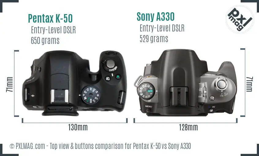 Pentax K-50 vs Sony A330 top view buttons comparison