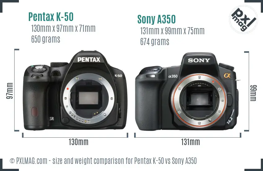 Pentax K-50 vs Sony A350 size comparison