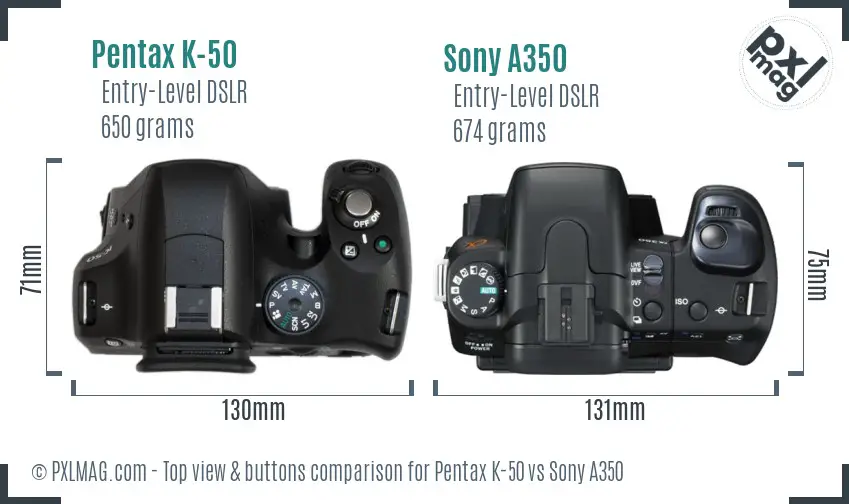 Pentax K-50 vs Sony A350 top view buttons comparison