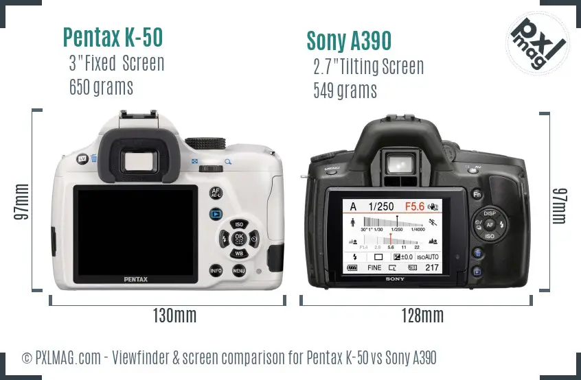 Pentax K-50 vs Sony A390 Screen and Viewfinder comparison
