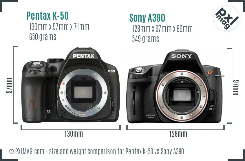 Pentax K-50 vs Sony A390 size comparison