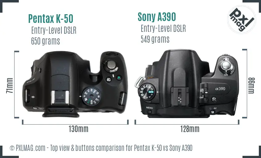 Pentax K-50 vs Sony A390 top view buttons comparison