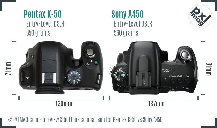 Pentax K-50 vs Sony A450 top view buttons comparison