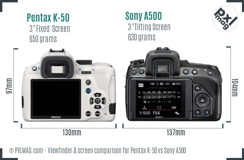 Pentax K-50 vs Sony A500 Screen and Viewfinder comparison