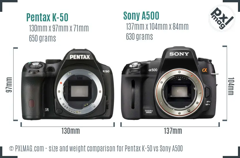 Pentax K-50 vs Sony A500 size comparison